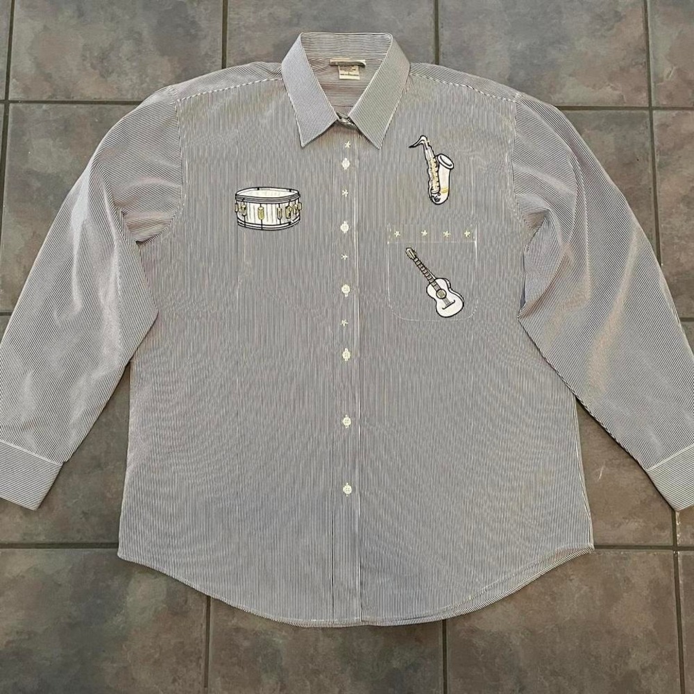 Vintage Women Las Olas Navy White Stripe Button Down  Musical Instrument Stars L
